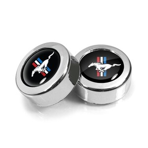 iPick Image for Ford Mustang Tri-Bar in Black on Chrome two ABS Plastic License Plate Frame Screw Cover Set, Official Licensed