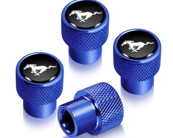 iPick Image for Ford Mustang in Black on Blue Easy-Grip Aluminum Tire Valve Stem Caps, Official Licensed