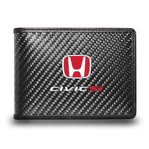 iPick Image for Honda Red Civic Si Black Real Carbon Fiber Leather RFID Blocking Bi-fold Wallet, Official Licensed