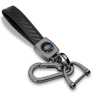 iPick Image for Ford Logo in Black on Real Carbon Fiber Loop-Strap Dark Gunmetal Hook Key Chain, Official Licensed
