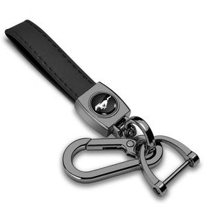iPick Image for Ford Mustang Logo in Black on Black Leather Loop-Strap Dark Gunmetal Hook Key Chain, Official Licensed