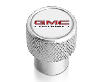 iPick Image made for GMC Denali Nameplate in White on Shining Silver Aluminum Tire Valve Stem Caps, Official Licensed