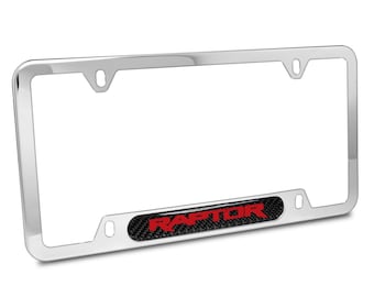 iPick Image for Ford F-150 Raptor in Red Carbon Fiber on Chrome Stainless Steel License Frame, Official Licensed