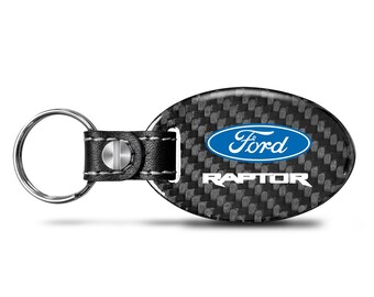 iPick Image for Ford F-150 Raptor Real Carbon Fiber Oval Shape Black Leather Strap Key Chain, Official Licensed