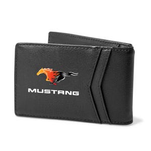 Imagen de iPick creada para la billetera plegable delgada de cuero sintético resistente a la RFID para hombre Ford Mustang Flame Pony, color negro, con licencia oficial