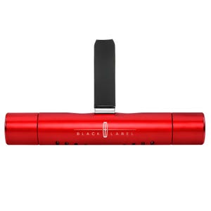 May include: A cylindrical red car air freshener vent clip featuring a black vertical attachment. The center of the red body displays the white text BLACK LABEL with a central logo icon. The design includes small ventilation holes along the bottom.