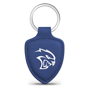 iPick Image for Dodge SRT Hellcat Blue Shield-Shape Style Genuine Leather Key Chain, Official Licensed