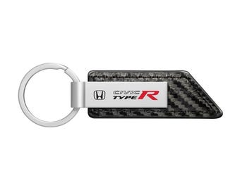 Imagen de iPick para Honda Civic Type-R con correa de textura de fibra de carbono y cuero sintético, barra de metal plateada, llavero con licencia oficial.