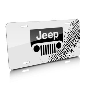 iPick Image for Jeep Grill Logo on Off-Road Tire Mark Graphic White Special Aluminum Metal License Plate, Official Licensed
