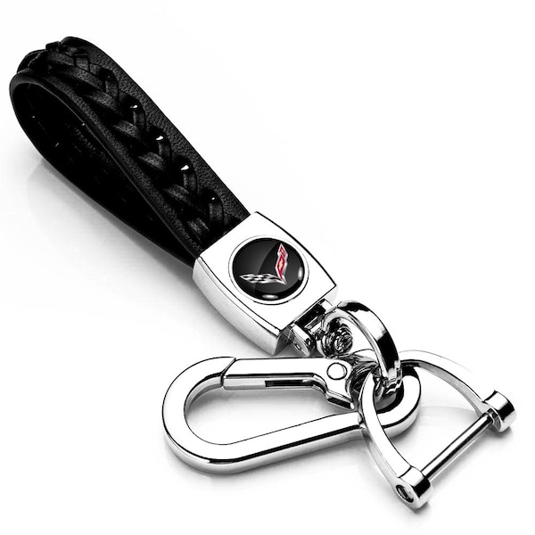 iPick Image for Chevrolet Corvette C7 Braided Rope Style Genuine Black Leather Key Chain, Official Licensed