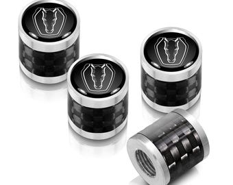 iPick Image for Ford Mustang Dark-Horse in Black on Real Carbon Fiber Barrel Silver Aluminum Tire Valve Stem Caps, Official Licensed