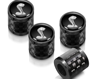 Ford Mustang Cobra Real Carbon Fiber Barrel Black Aluminum Tire Valve Stem Caps, Licensed!