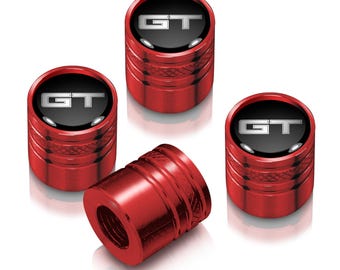 iPick Image for Ford Mustang GT in in Black on Red Cylinder-Style Aluminum Tire Valve Stem Caps, Official Licensed