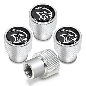 iPick Image made for Dodge SRT Hellcat in Black on Shining Silver Aluminum Tire Valve Stem Caps, Official Licensed
