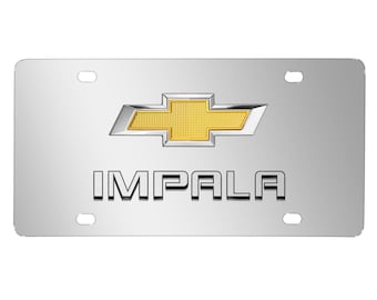 iPick Image for Chevrolet Impala Gold Bowtie 3D Dual Logo Mirror Chrome Stainless Steel License Plate, Official Licensed