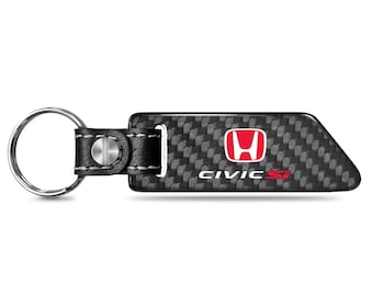 iPick Image for Honda Civic Si Red Logo Real Carbon Fiber Blade Style Black Leather Strap Key Chain, Official Licensed