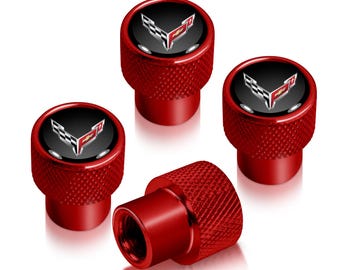 iPick Image for Chevrolet Corvette C8 Logo in Black on Red Aluminum Tire Valve Stem Caps, Official Licensed