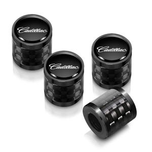 Cadillac Script Nameplate in Black on Real Carbon Fiber Barrel Black Aluminum Tire Valve Stem Caps