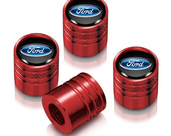 iPick Image for Ford Logo in in Black on Red Cylinder-Style Aluminum Tire Valve Stem Caps, Official Licensed