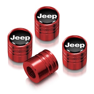 iPick Image for Jeep in Black on Red Cylinder-Style Premium Anodized Aluminum Tire Valve Stem Caps - Set of 4, Official Licensed