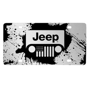 iPick Image made for Jeep Grill Logo on Mud Splash Graphic Brush Silver Aluminum Front License Plate, Official Licensed