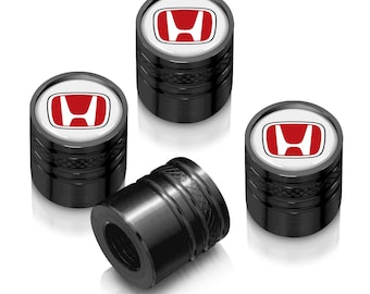 iPick Image para el logotipo rojo de Honda en blanco sobre negro, tapas de válvula de neumático de aluminio premium estilo cilindro, con licencia oficial.
