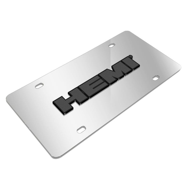 Imagen iPick para el logotipo HEMI 3D, logotipo gris oscuro sobre placa de matrícula de acero inoxidable cromado con espejo, con licencia oficial imagen 3