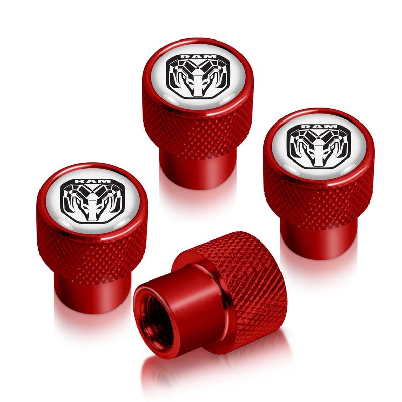 iPick Image for RAM 2019 up Logo in White on Red Aluminum Tire Valve Stem Caps, Official Licensed image 1