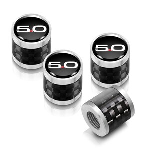 Tapas de válvula de neumático de aluminio plateado con barril de fibra de carbono real para Ford Mustang 5.0 en color negro, ¡con licencia! imagen 1