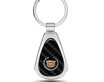 iPick Image for Cadillac Logo Real Black Carbon Fiber Chrome Metal Teardrop Key Chain, Official Licensed