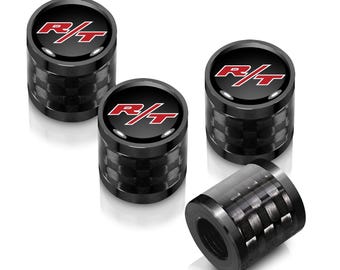Dodge R/T Logo in Black on Real Carbon Fiber Barrel Black Aluminum Tire Valve Stem Caps, Licensed!