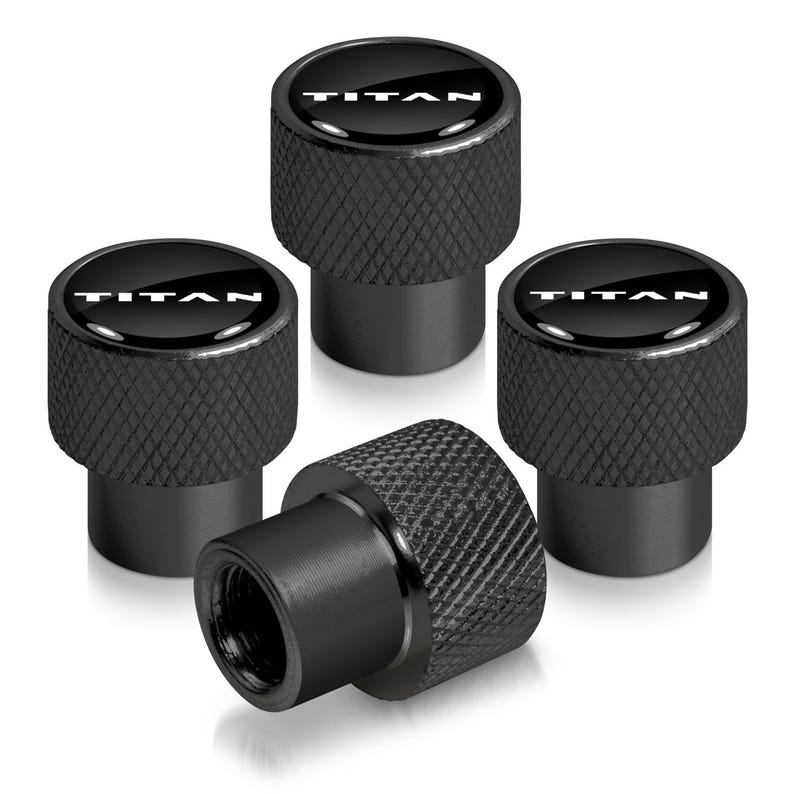 iPick Image para el logotipo de Nissan Titan en negro sobre negro. Tapones de válvula de neumático de aluminio premium Easy-Grip, con licencia oficial. imagen 2