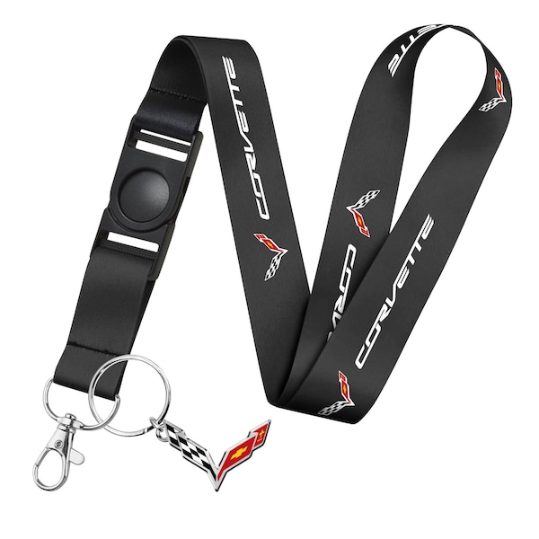 Chevrolet Corvette C7 Logo Die-Cut Metal Key Chain Key-Charm with Black Lanyard Strap, Exclsive Official Licensed Product, Licensed!