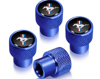 iPick Image for Ford Mustang Tri-Bar in Black on Blue Easy-Grip Aluminum Tire Valve Stem Caps, Official Licensed