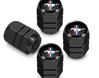 iPick Image for Ford Mustang Tri-Bar in Black on Black Hexagon Shape Aluminum Tire Valve Stem Caps, Official Licensed