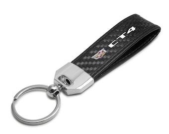 iPick Image for Cadillac CT4 Logo Real Carbon Fiber Strap with Black Leather Stitching Edge Key Chain, Official Licensed