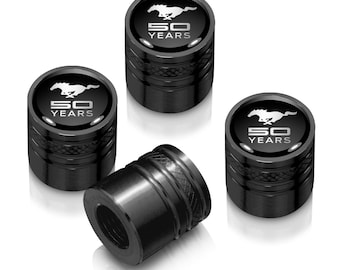 iPick Image for Ford Mustang 50 Years Black Cylinder-Style Aluminum Tire Valve Stem Caps - Official Licensed, Official Licensed