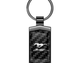iPick Image for Ford Mustang Script Real 3K Carbon Fiber Gunmetal Black Metal Case Key Chain, Official Licensed