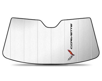 Imagen iPick para Chevrolet Corvette C7 Logo 2014 a 2019, Parasol plegable plateado a medida para parabrisas, con licencia oficial.