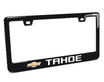 Image iPick pour Chevrolet Tahoe en 3D sur cadre de plaque d'immatriculation en plastique ABS finition fibre de carbone véritable, licence officielle