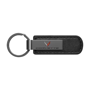 iPick Image for Chevrolet Corvette C8 PU Leather Strap Black Metal Bar Key Chain, Official Licensed