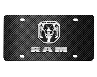 iPick Image made for RAM 2019 up 3D Dual Logo Black Carbon Fiber Patten Stainless Steel License Plate, Official Licensed