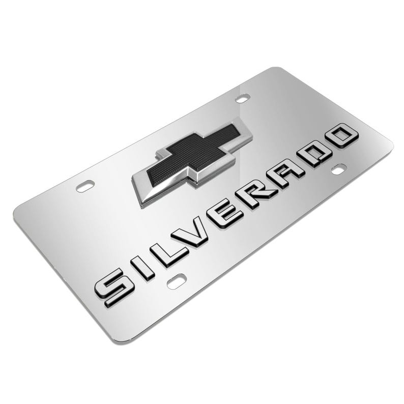 iPick Image for Chevrolet Silverado Black Bowtie 3D Dual Logo Mirror Chrome Stainless Steel License Plate, Official Licensed image 3