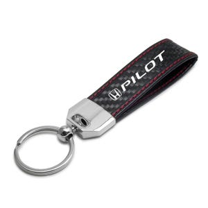 iPick Image for Honda Pilot Real Black Carbon Fiber Loop Strap Key Chain with Red Stitching, Official Licensed