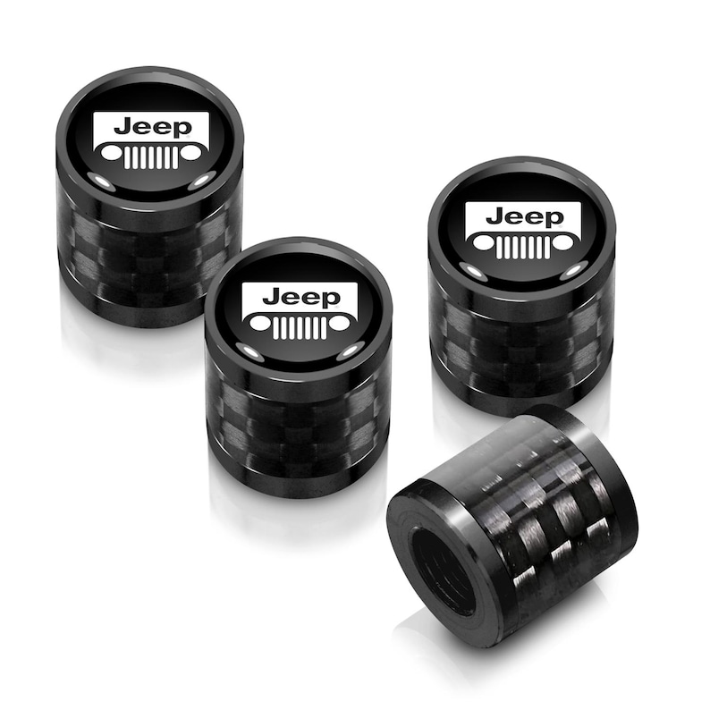Jeep Grill in Black on Real Carbon Fiber Barrel Black Aluminum Tire Valve Stem Caps, Licensed! image 1