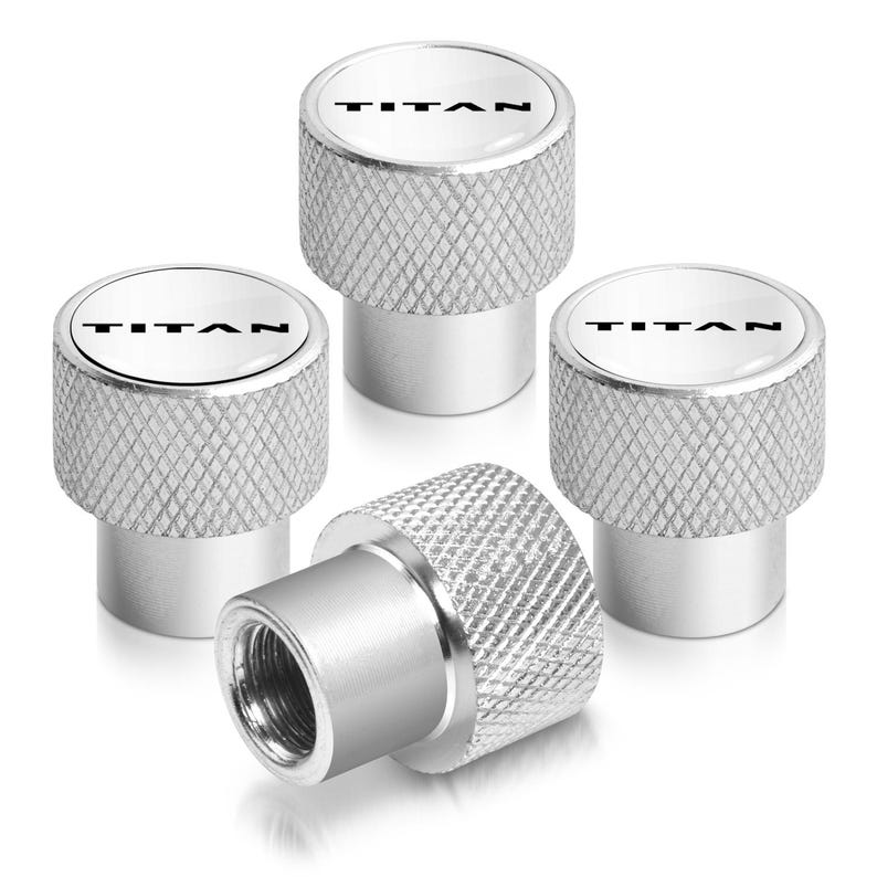 iPick Image for Nissan Titan Logo in White on Shining Silver Easy-Grip Premium Aluminum Tire Valve Stem Caps, Official Licensed image 2