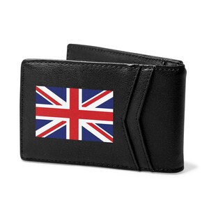 Imagen de iPick creada para Reino Unido Cartera de cuero sintético negro con bandera del Reino Unido, delgada, resistente a RFID, de dos pliegues, para hombre, con licencia oficial