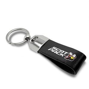 iPick Image for Dodge Scat-Pack Black Real Leather Loop Strap Chrome Metal Key Chain, Official Licensed image 3