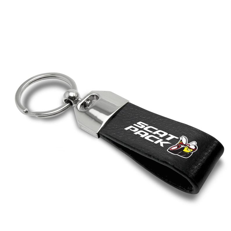 iPick Image for Dodge Scat-Pack Black Real Leather Loop Strap Chrome Metal Key Chain, Official Licensed image 3