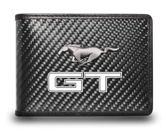 iPick Image for Ford Mustang GT Black Real Carbon Fiber Leather RFID Blocking Bi-fold Wallet, Official Licensed